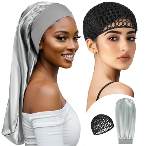 Long Bonnet-Crochet Hair Net Set Braid Bonnets for Black Women Mesh Hair Net Anti Frizz Satin Large Bonnet for Curly, Braids Hair 2 Piece Set Reusable Elastic (black net, silver bonnet) - color: Black Net, Silver Bonnet