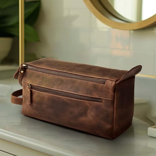 Full Grain Leather Toiletry Bag for Men & Women – Water-Resistant Travel Shaving Kit Organizer with YKK Zipper, Spacious Bathroom Grooming & Cosmetic Storage Case - Walnut Brown - color: Distressed Brown