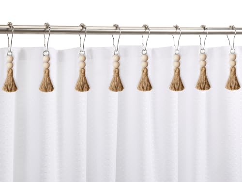 Boho Shower Curtain Hooks Rings Rustproof, CHICTIE Nautical Decorative Shower Curtain Rings with Handmade Wood Beads Tassel, Farmhouse Home Bathroom Bedroom Baby Room Decor Set of 12 (Natural Jute) - color: Natural Jute