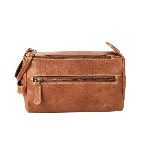 KomalC Premium Buffalo Leather Toiletry Bag for Men & Women With Water resistant Lining, Grooming Travel Pouch, Unisex Wash Bag for Toiletries, Gifts for Men and Women - color: Chicago Buff