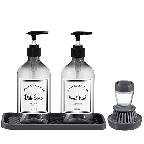 4 Pieces Kitchen Soap Dispenser Set Includes 16 oz Plastic Dish Soap Hand Dispenser was with Silicone Tray and Labels, Brush and Drip Tray(Black, Gray)