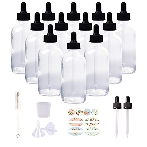 12 Pack 4oz Clear Glass Bottles with Glass Eye Droppers for Essential Oils, Perfumes & Lab Chemicals (1 Brush, 2 Funnels, 2 Extra Droppers, 24 Pieces Labels & 30ml Measuring Cup Included) - color: Clear