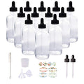 12 Pack 4oz Clear Glass Bottles with Glass Eye Droppers for Essential Oils, Perfumes & Lab Chemicals (1 Brush, 2 Funnels, 2 Extra Droppers, 24 Pieces Labels & 30ml Measuring Cup Included) - color: Clear