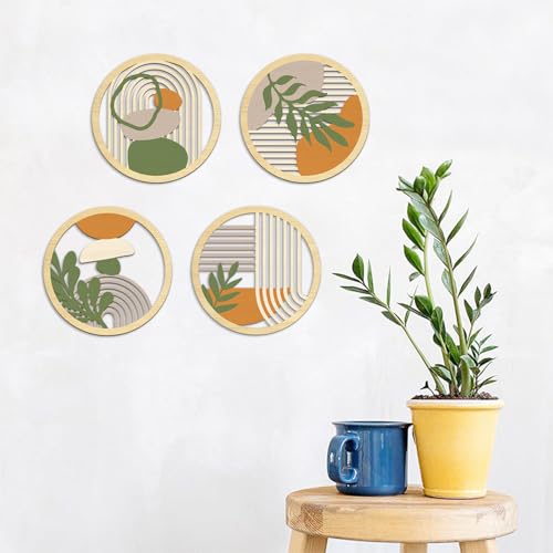 TOARTi 4Pieces Boho Botanical Wooden Wall Art,Abstract Bohemian Hanging Art,Farmhouse Geometric Neutral Round Wall Decor,Mid Century Minimalist Aesthetic Plant Artwork for Bedroom Living Room Office - color: 4pcs Boho Botanical Wooden Wall Art