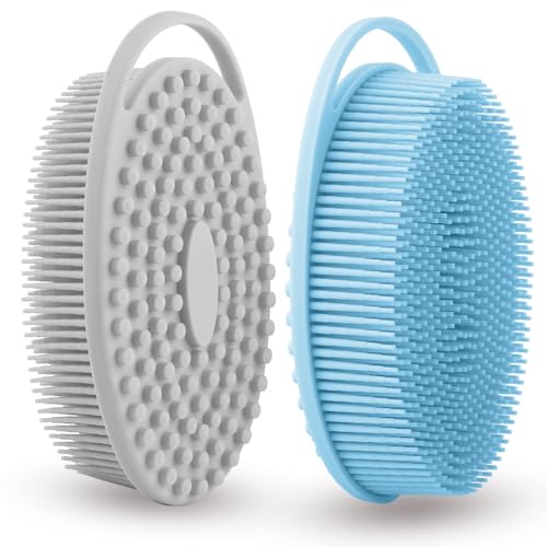 Silicone Body Scrubber 2 Pcs Silicone Loofah Exfoliating Body Scrubber for Men Women Soft Silicones Shower Scrubbers Double Sided Silicones Bath Bodys Brush for All Skin Lather Well, Gray and Blue - size: gray+blue