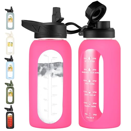 CIVAGO 32 oz Glass Water Bottle with Straw and Handle, Large Sports Motivational Water Bottle Flask with Time Marker and 2 Lids, Leakproof Water Jug Canteen with Silicone Sleeve for Gym,Camelia - color: Camelia, size: 32 Ounces