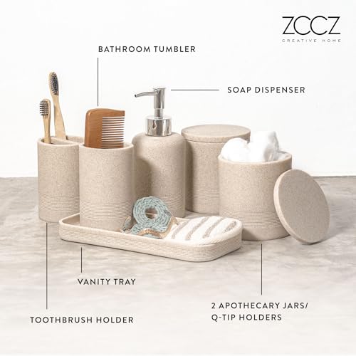 ZCCZ Beige Bathroom Accessories Set 6 Pieces - Toothbrush Holder, Lotion Dispenser, Qtip Container, Vanity Tray, Tumbler - Countertop Organizer for Bathrooms - Elegant and Functional Décor Set - color: Beige, size: 6pcs