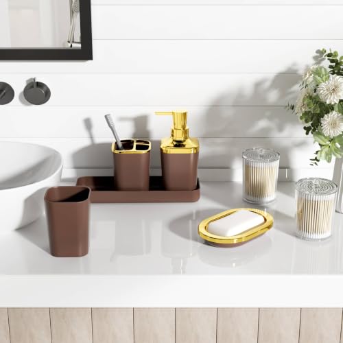 XLHOMO Bathroom Set - Brown Bathroom Accessories Set, Bathroom Sets with Shower Curtain and Rugs, Brown Shower Curtain Set with Bathroom Trash Can, Soap Dispenser, Soap Dish for Home Decor - color: Plaid Brown & Gold, size: Complete Set + Bath Rugs