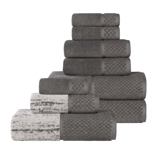 Superior Cotton Bathroom Towel Set Plush Absorbent 9 Piece Charcoal Silver | Soft Quick Dry, Bathroom Essentials, Jacquard & Solid Pattern Assorted Towels, 3 Bath, 3 Hand, 3 Face Towel, Lodie Collection - color: Charcoal-silver, size: 9 Piece Towel Set (J