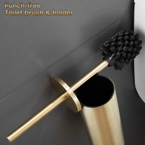 AIREMOEN 1PCS Brushed Gold Stud Free Toilet Brush and Holder Set, 304 Stainless Steel Handle Toilet Brush Holder, Toilet Brush and Plunger Set, Bathroom Wall-Mounted Compact Toilet Brush Holder
