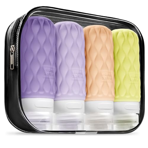 Silicone Travel Bottles for Toiletries 8 Pack Travel Size Toiletries 3.4 oz 1.7 oz, Leakproof Squeeze Travel Size Containers Refillable Cosmetic Jars Set for Shampoo, Conditioner, Creams - color: Pastel Bloom-3.4oz