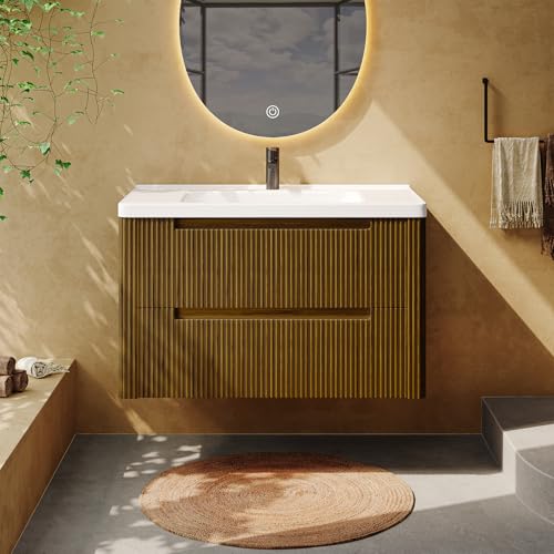 ONBRILL Modern Bathroom Vanity with Sink Combo, Curved Floating Bath Vanity with 2 Drawer, Wall Mount Bathroom Vanities with Integrated Ceramic Sink for Small Space, Apartment (Walnut, 24") - color: Walnut, size: 24"