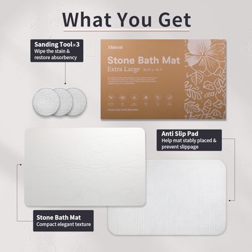 XMarrat Extra Large Stone Bath Mat Large, 31.5'' x 19.7'' Diatomaceous Earth Non-Slip Stone Shower Mat, Super Absorbent Diatomite Stone Mats for Bathroom, Quick Drying, Easy to Clean - color: White, size: 31.5" x 19.7" (Rectangular)