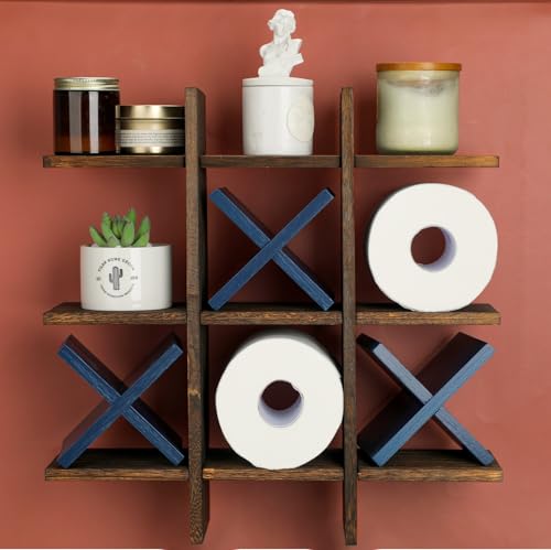 Weysat Tic Tac Toe Toilet Paper Holder Stand Bathroom Wall Decor Rustic Wooden Hanging Storage Freestanding Wall Mounted Shelves Decor for Toilet Tissue Farmhouse - color: Brown, Blue