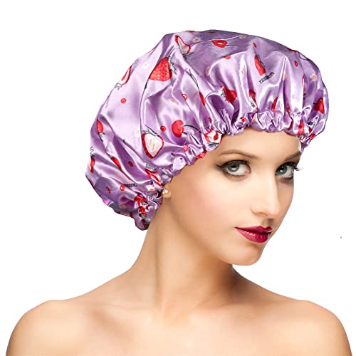Shower Cap, Adjusable Shower caps for Women, Extra Large Upgrade Double Waterproof Layers Hair Cap, Bath Caps Shower Hat Women Girls Adult Hair Protection Suitable for All Lengths and Thickness - color: Purple Strawberry, size: X-Large