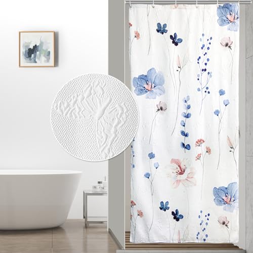 QIYI Small Stall Half Watercolor Floral Shower Curtain, 3D Embossed Butterflies Blue Flower Cloth Bathroom Curtain, Waterproof Fabric White Shower Curtain Set with Hooks - color: Blue, size: 36"W x 72"L (Pack of 1)