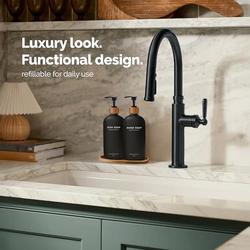 Vine Creations Black Glass Soap Dispenser Set, Hand Soap and Dish Soap Dispenser Set with Bamboo Tray, 16 oz Glass Dispensers Bottle for Kitchen and Bathroom Decor Modern Boho with Bamboo Pump (Black) - color: Black