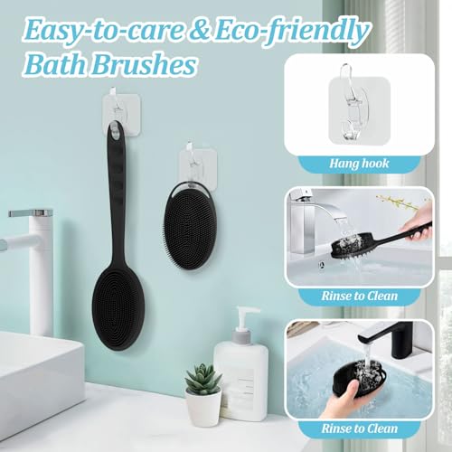 Silicone Back & Body Scrubber Set 2PCS, 13.4'' Gentle Exfoliating Back Scrubber with Dual-Side Head and Non-Slip Handle, Hygienic Silicone Loofah with Soft Bristles and Massage Dots(Black-2PC) - color: Black*2