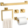 Bathroom Accessory Towel Bar Set: 5 Pieces Gold Bathroom Hardware Square SUS304 Stainless Steel - 24 Inch Wall Mounted Towel Rack&Toilet Paper Holder&Towel Ring and Towel Hook - color: Gold, size: 24inch 5 Pieces