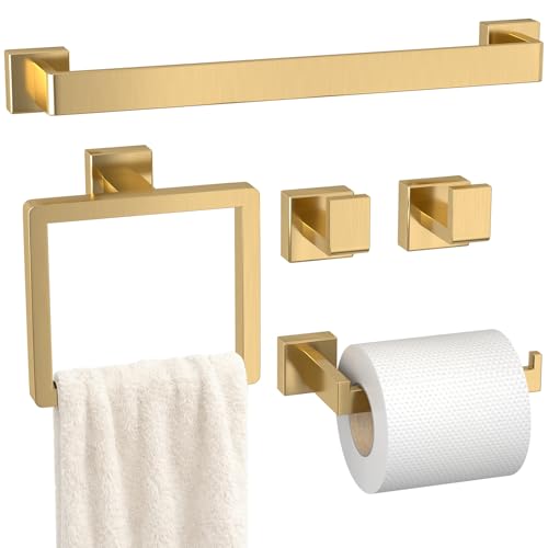 Bathroom Accessory Towel Bar Set: 5 Pieces Gold Bathroom Hardware Square SUS304 Stainless Steel - 24 Inch Wall Mounted Towel Rack&Toilet Paper Holder&Towel Ring and Towel Hook - color: Gold, size: 24inch 5 Pieces
