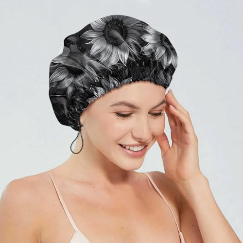 2 PCS Shower Cap Reusable Waterproof Double Layers Hair Caps Shower Bath Adjustable Elastic Hat for Women Girls Cute Aesthetic-Sunflower - color: AI2-Sunflower