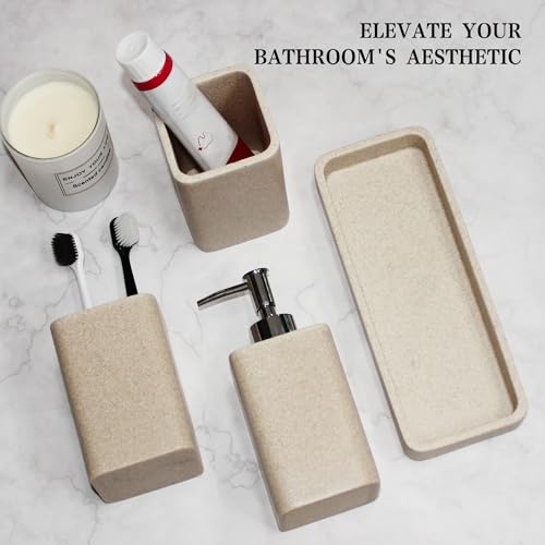 YMXYJM Bathroom Accessories Set, 4 Pcs Bathroom Accessory Set, Soap Dispenser, Toothbrush Holder, Qtip Holder Set, Bathroom Sets Complete, Bathroom Sink Set for Modern Home, Beige - style: Beige