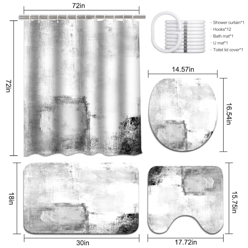 Lnond 4Pcs Bathroom Shower Curtain Sets with Rugs,White Black Painting Art Bathroom Sets with Shower Curtain and Rugs and Accessories - color: Grey White Black Abstract-01