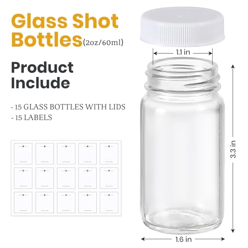 LANDNEOO 15 Pack 2 oz Glass Shot Bottles w/White Lids & 15 Labels - Small Clear Jar for Ginger, Wellness Shot, Juice, Sample, Whiskey - Travel Mini Bottles - Wide Mouth, Leakproof, Dishwasher Safe - color: White Lids, size: 2oz-15 pack