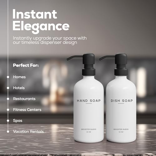 White Glass Hand and Dish Soap Dispenser Set by Brighter Barns - Kitchen Soap Dispenser & Stainless Steel Pump - Glass Bottles for Kitchen Sink - Farmhouse Home Decor, Bathroom Accessories (White) - color: White Hd