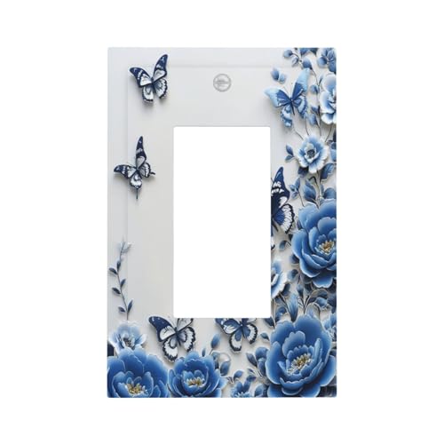 Light Switch Cover Plate Blue Peony Flowers Butterfly Vintage Floral 1 Gang Outlet Covers Single Rocker Decorative Switch plates Electrical Wall Plates GFCI Receptacle for Bathroom Bedroom Decor - color: Blue Peony Flowers Butterfly Vintage Floral, size: