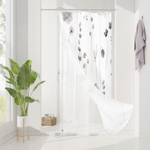 Gibelle Small Stall 3 in 1 Shower Curtain Set, Charcoal Grey Watercolor Floral Bath Curtain and PEVA Liner Set with 12 Double Sided Steel Hooks, Waterproof Fabric Bathroom Curtain 36x72 - color: Charcoal Grey, size: 36"W x 72"L (Pack of 1)