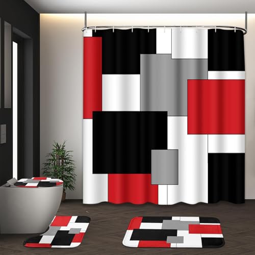 Red Geometric Shower Curtain Set with Toilet Lid Cover and Non-Slip Rugs for Bathroom, Black White Grey Checkered 4 Pcs Shower Curtain, Modern Abstract Bathroom Set with 12 Hooks - color: Abstract Geometric Red