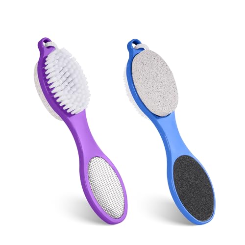 2 Pcs 4 in 1 Foot Brush for Use in Shower with Pumice Stone, Foot Rasp and Sandpaper, Foot Scrubber Brush for Feet, Dead Skin Remover for Foot Care (2 Colors) - style: 2 Purple Gray Blue Foot Brush