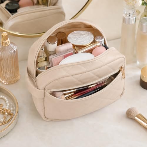 Travel Makeup Bag for Women | Quilted 9 x 4.5 x 6 in PU Leather Double-Layer Cosmetic Organizer with Mesh and Zipper Pockets, Travel Toiletry Bag, Beige - color: Quilted