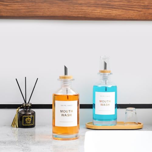 11.8OZ Glass Mouthwash Dispenser for Bathroom with Stainless Steel & Bamboo Nozzle, Mouthwash Cup Reusable, Bamboo Tray, and Elegant Gold Sticker.Set of 2（Clear - color: Clear/350*2