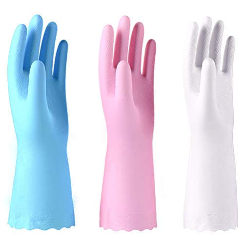 Alimat PluS 3 Pack Reusable Cleaning Gloves Latex Free, Dishwashing Gloves with Cotton Flock Liner and Embossed Palm, Waterproof Household Gloves for Laundry, Gardening (Large) - color: Blue+pink+white, size: Large (Pack of 3)