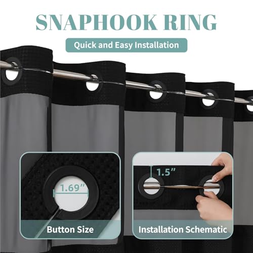eachope Black No Hook Waffle Weave Shower Curtain with snap-in Liner Replacement, 230GSM Waterproof Fabric Hotel Shower Curtain Set for Bathroom, Through Mesh Top Window,60Wx74H - color: Black, size: 60"W x 74"L (Pack of 1)