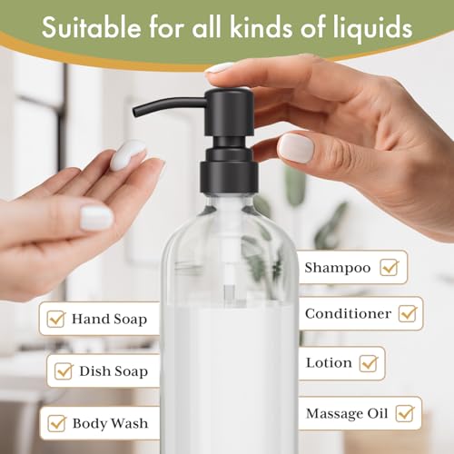 AmazerBath Soap Dispenser, 2 Pack Glass Soap Dispenser with Stainless Steel Pump, 17 Oz Bathroom Hand Soap Dispensers Bottle for Bathroom & Kitchen, Clear & Black - color: Black
