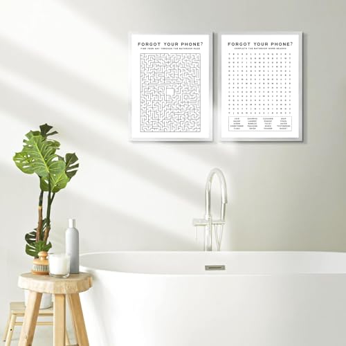 Laylwhq Funny Bathroom Wall Art, Black and White, 12x16in, 2 Pcs | Forgot Your Phone Sign, Crossword Puzzle Pictures, Canvas Wall Decor, Unframed, Restroom Home Decorations - color: black and white, size: 12"Wx16"Hx2