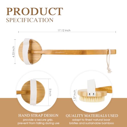 Detachable Dry Brushing Body Brush, Natural Boar Bristle Back Scrubber for Shower for Men and Women with Long Handle for Exfoliation and Lymphatic