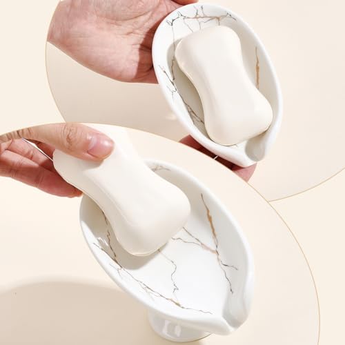 WADORN Soap Dish, Leaf-Shape Self Draining Soap Dish Holder Bar Soap Holder White and Gold Marble Pattern Ceramic Draining Soaps Tray Porcelain Decorative Soaps Dishes for Sink Bathroom Shower Kitchen - color: White