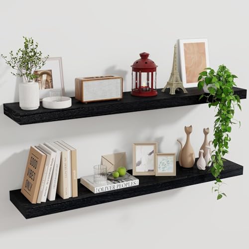 Marsmiles Wood Floating Shelves for Wall Set of 2, 36 Inch Wide Rustic Wooden Floating Shelves, Invisible Wall Mounted Display for Living Room Bedroom Kitchen Bathroom Office, White - color: Distressed Black, size: 36Inch, Set of 2, (1-2/5"H)