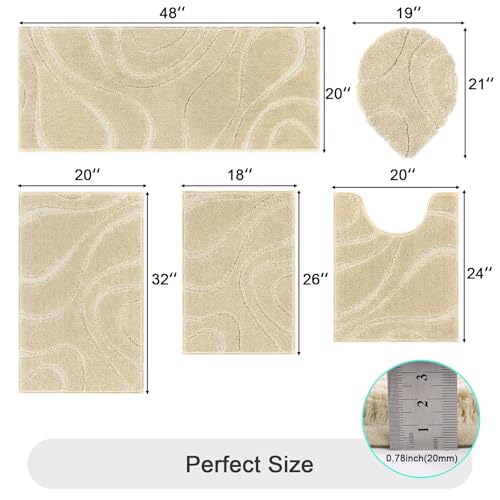 HEBE Bathroom Rugs Sets 5 Piece, Soft Absorbent Microfiber Bath Mat for Bathroom, Non Slip Washable Bath Rug Set with Toilet Cover, Bath Runner and U-Shaped Contour Toilet Rug, Beige - color: Beige, size: 18"x26"+20"x32"+20"x48"+U20"x24"+Cover19"x21"