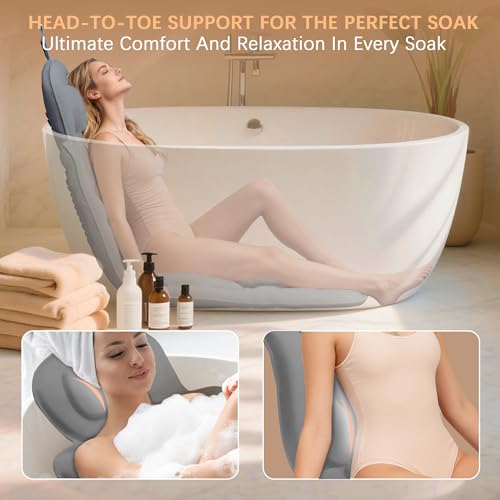59'' Full Body Bath Pillow for Bathtub 6D Air Mesh 144 Suction Cups | Bath Pillow Luxury Bathtub Pillow 3.7'' Head, Neck and Back Support Bath Tub Pillow Extra-Large 59 x 20 Inch Size - color: Grey, size: Large