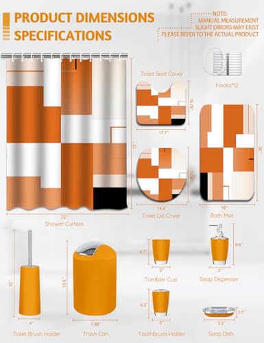 Lnond Orange Bathroom Set, 22-Piece Orange Abstract Bathroom Decor Set with with Shower Curtain and Rugs, Trash Can, Toilet Brush Holder Set & Soap Dispenser - style: Orange White Geometric