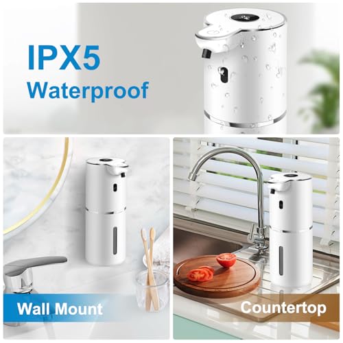 Automatic Liquid Soap Dispenser 12.8oz, Rechargeable & 6 Levels Soap Adjustable with Digital Display, Wall Mount, Waterproof, Touchless Hand/Dish Soap Dispenser for Kitchen, Bathroom, Hotel - color: White
