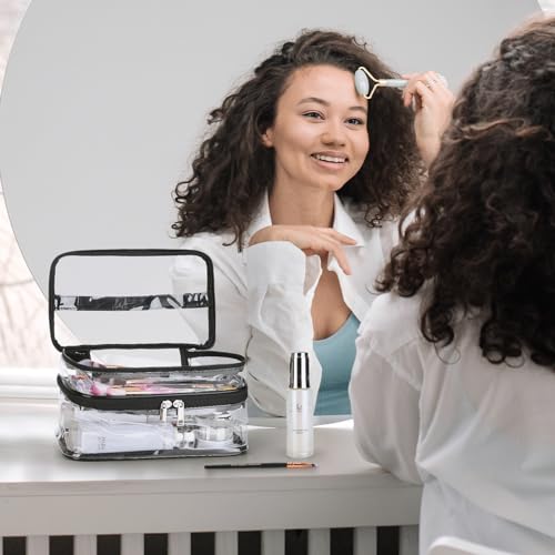 HAOGUAGUA Double Layer Clear Cosmetic Bag Makeup Bag, Waterproof Travel Toiletry Bag, Transparent PVC Pouch Organizer (Black-large) - color: Black-large