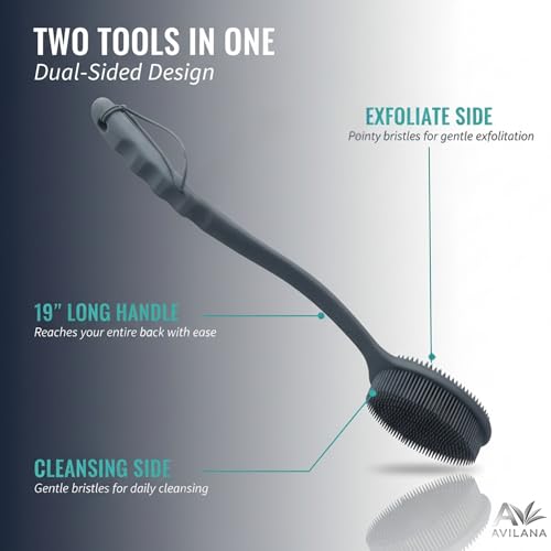 Avilana Silicone Body Scrubber for Shower – SGS Certified Food Grade Dual Sided Bath Brush, Gentle Exfoliating Silicone Loofah Alternative, Sensitive Skin Body Brush (Dark Gray, Long Handle) - color: Dark Gray, size: Long Handle