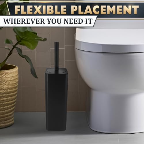 Black Toilet Brush and Holder Set - Slim Matte Design that Fits Anywhere - Stainless Steel Toilet Bowl Brush and Holder with 2 Rounded Corners, Replaceable Head, Removable Inner Bowl & Splash Guard - color: Black Squircle
