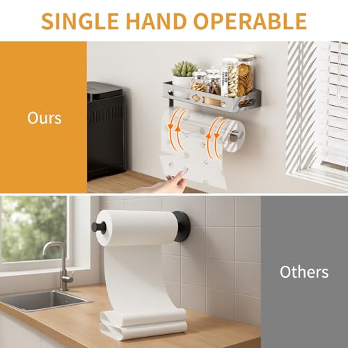 Stylish Kitchen Paper Towel Holder with Shelf - Adhesive Hand Towel Holder for Bathroom Wall Mount, Rust-Resistant Matte Grey Finish for RV Toilet Paper Holder Rack, Easy One-Handed Operation Design - color: Gray